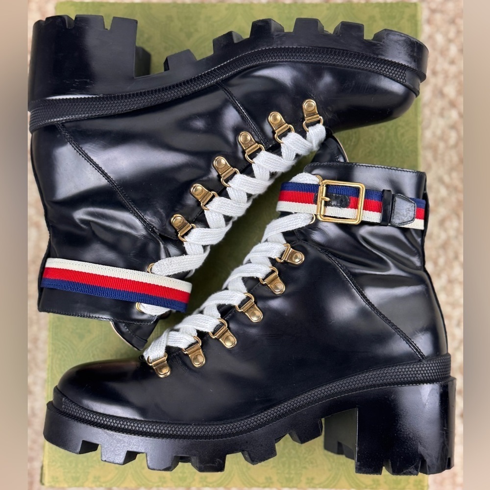 Gucci Sylvie Web Womens Lace Up Calfskin Leather Black Combat Boots Size 39.